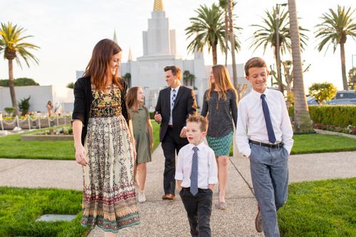 family walking outside a temple