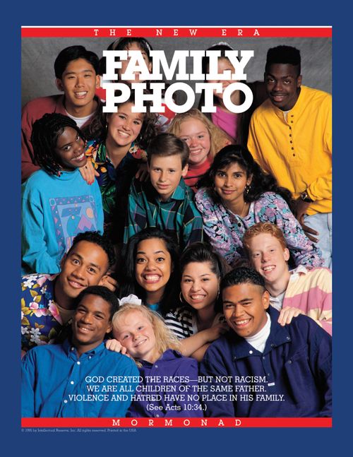 A photograph showing youth from different backgrounds, paired with the words “Family Photo."
