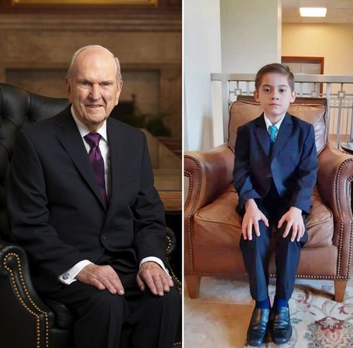 A composite image with 2 photos, one of President Russell Nelson sitting in a chair on the left, and a picture of a young boy sitting in a chair on the right.