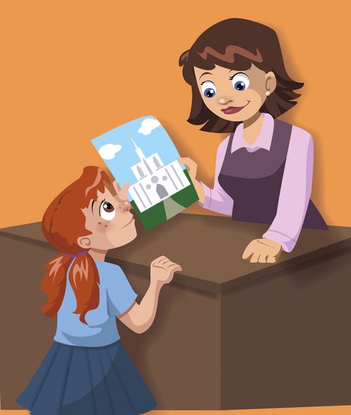 An illustration of a librarian in a purple dress handing a picture of a temple to a little girl with pigtails.