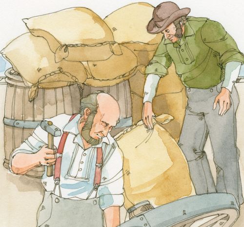 men separating food and building wagons