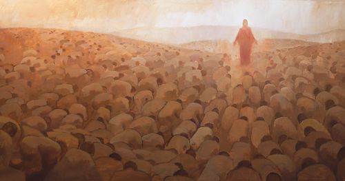 Cristo con un manto rojo rodeado de personas arrodilladas