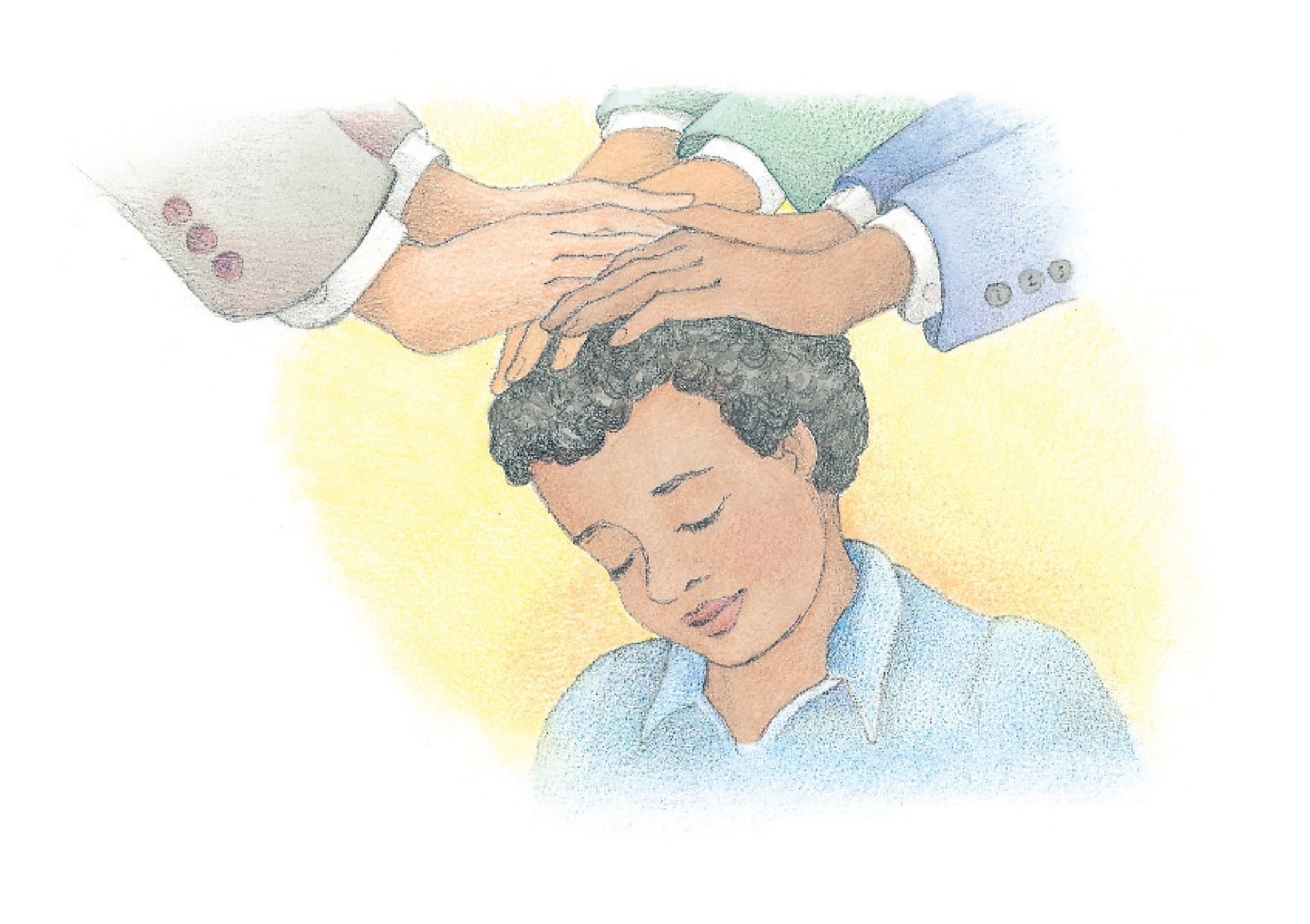A young boy being confirmed a member of the Church. From the Children’s Songbook, page 105, “The Holy Ghost”; watercolor illustration by Phyllis Luch.