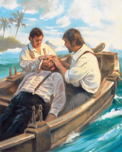A depiction of Lorenzo Snow lying in a boat near a Hawaiian island, receiving a blessing from his two companions, who are placing their hands on his head.