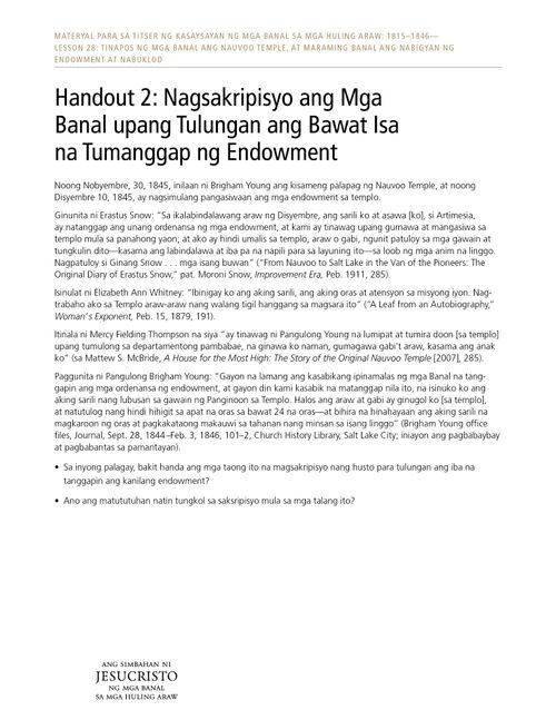 Handout 2: Nagsakripisyo ang Mga Banal upang Tulungan ang Bawat Isa na Tumanggap ng Endowment