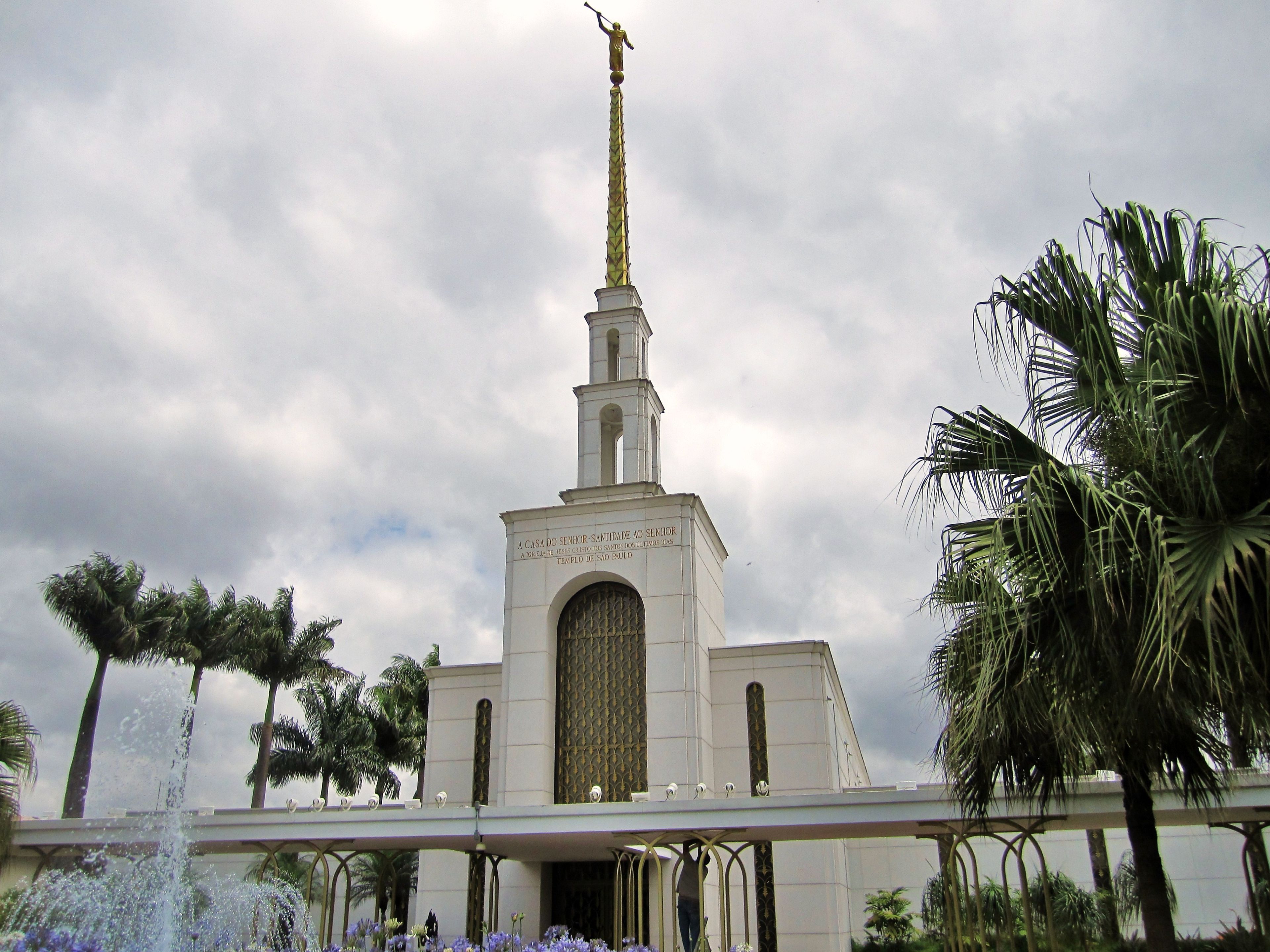 The São Paulo Brazil Temple entrance, including the fountain and spire.