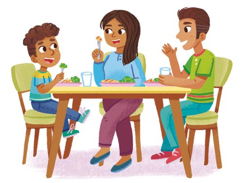 Panel 1 of 4  spot illustrations of various families & kids. Each family should be a different ethnicity. 1. Parents and a child discussing at dinner table. 2. Family choosing new pet. 3. Older sibling helping a younger sibling. 4. Parent and child having a talk.