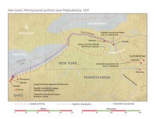 kartta reiteistä New Yorkin, Pennsylvanian ja Ohion osavaltioissa