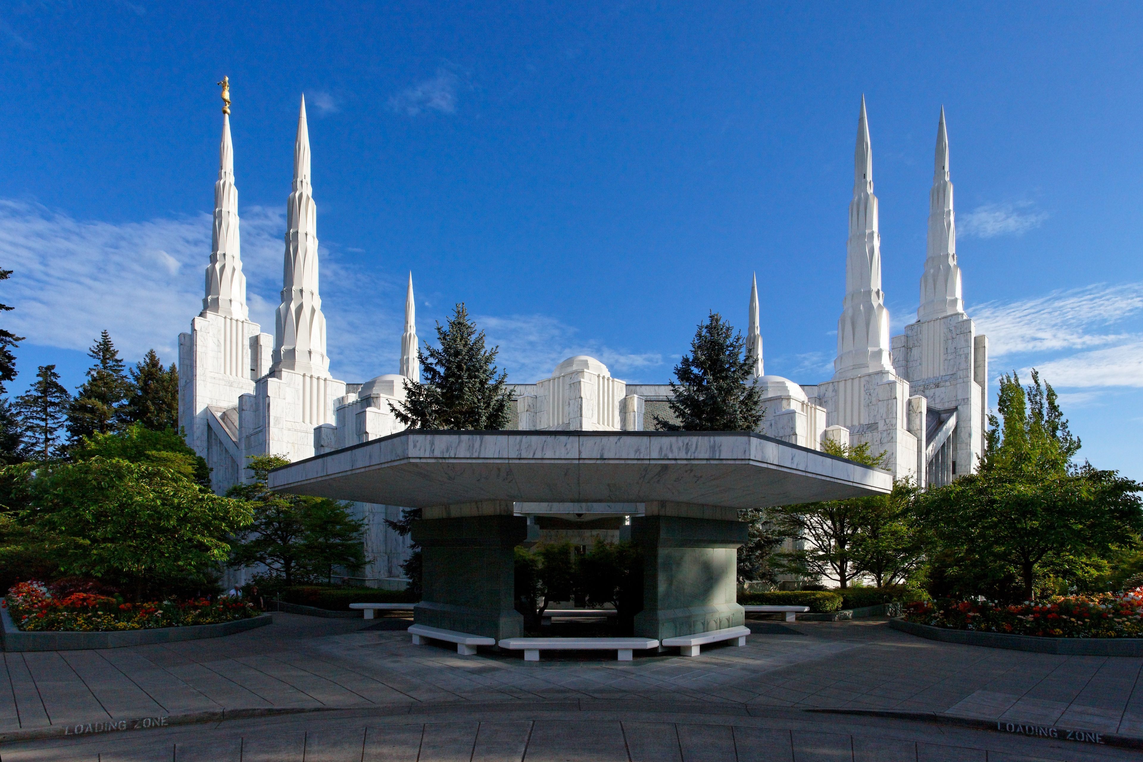 The entire Portland Oregon Temple, including the entrance and scenery.