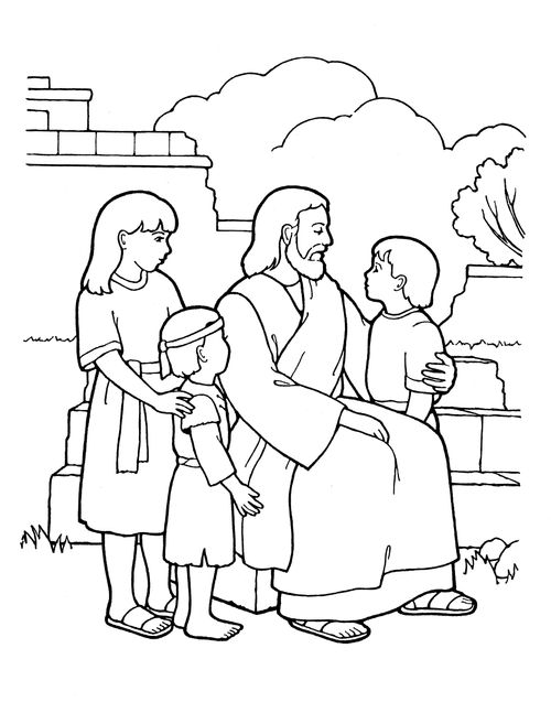 An illustration of Christ sitting with his arm around a young boy while two other children look on.