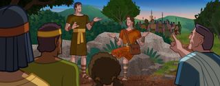 brothers Nephi and Lehi teach people, and a Lamanite army is nearby