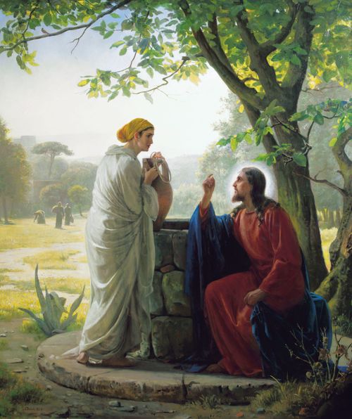 Christ in red and blue robes, sitting at the edge of a stone well, talking to a woman who is holding a large clay pot and listening intently.