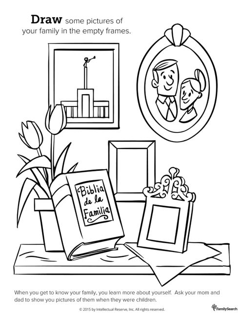A black-and-white drawing of flowers in a pot, a family Bible, and empty picture frames on a shelf for you to draw in pictures of your family members.