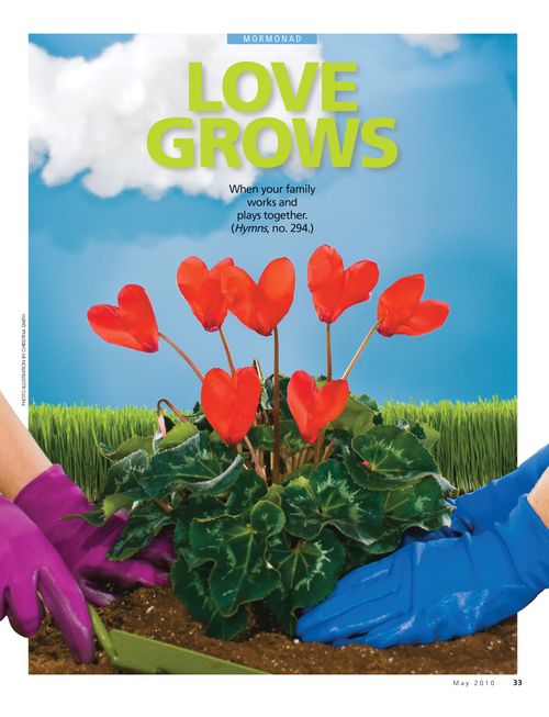 A conceptual photograph showing two people planting a plant that has hearts growing on it, paired with the words “Love Grows.”