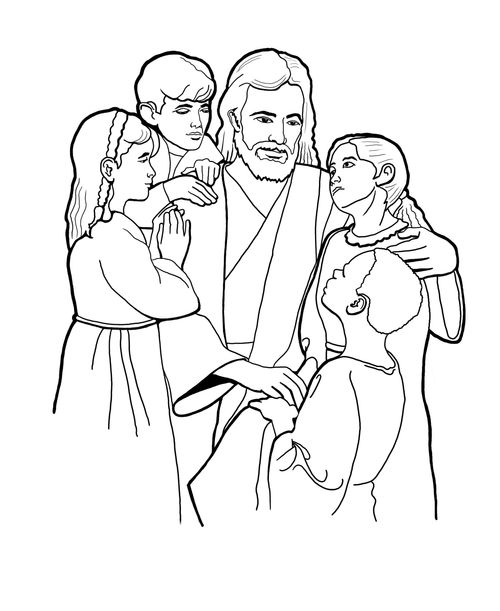 A black and white line drawing of Christ sitting with four children, who are talking to Him.