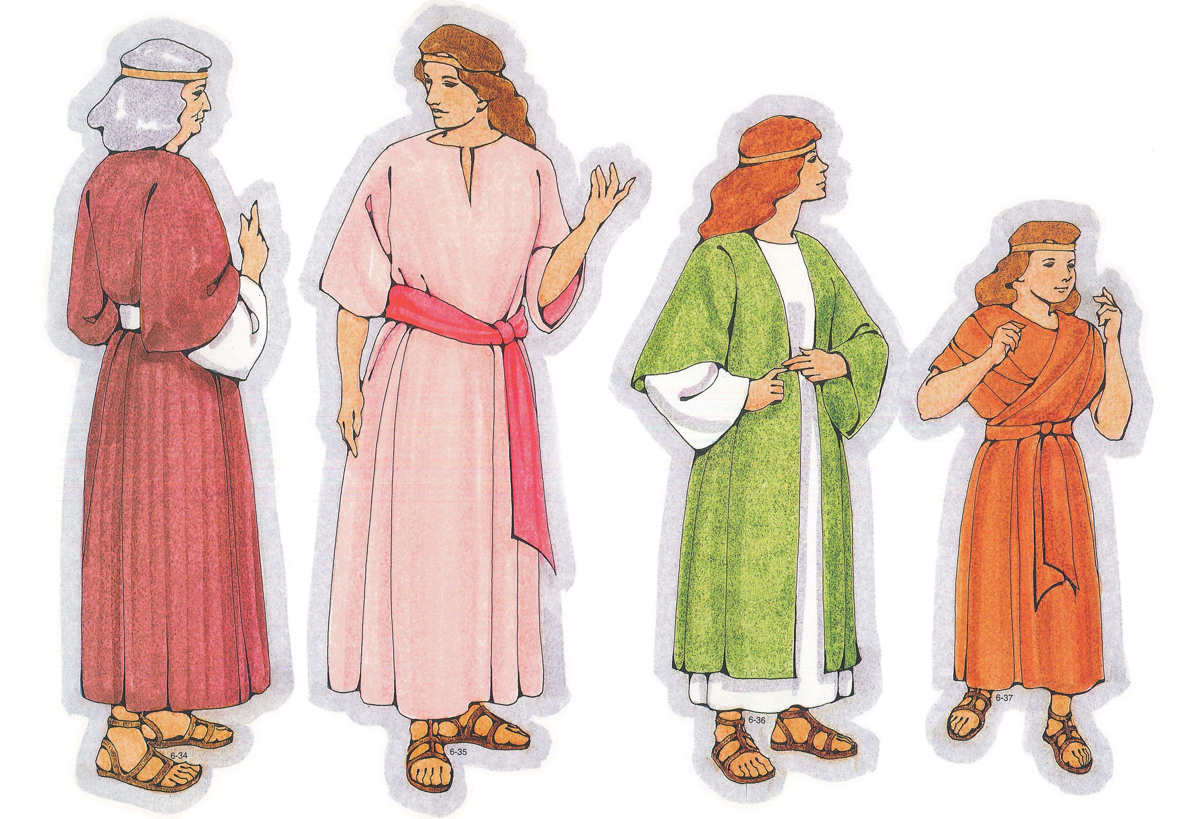 Primary Visual Aids: Cutouts 6-34, Nephite Woman with Gray Hair; 6-35, Middle-Aged Nephite Woman; 6-36, Nephite Young Woman in a Green Robe; 6-37, Nephite Girl.