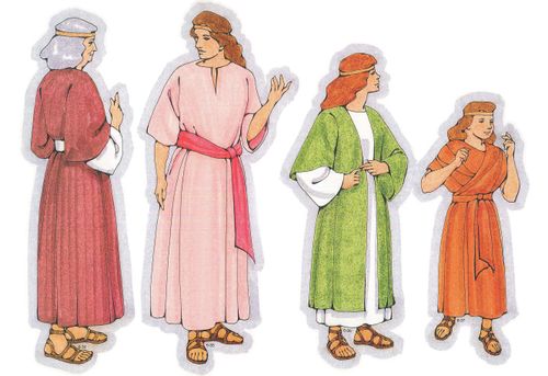Primary cutouts of a Nephite woman with gray hair, a middle-aged Nephite woman, a Nephite young woman in a green robe, and a Nephite girl in orange.