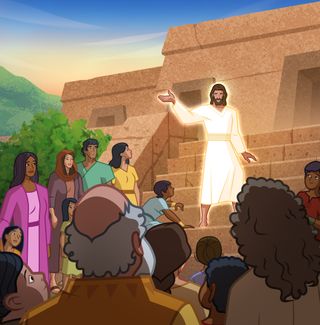 Jesus Christ stands on the steps of the temple and talks to a group of people