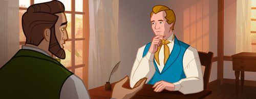 Joseph Smith and Sidney Rigdon reading and discussing the Bible.