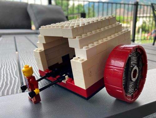 covered wagon built out of plastic blocks