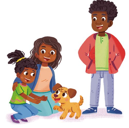 Panel 2 of 4  spot illustrations of various families & kids. Each family should be a different ethnicity. 1. Parents and a child discussing at dinner table. 2. Family choosing new pet. 3. Older sibling helping a younger sibling. 4. Parent and child having a talk.