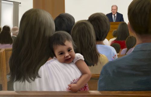 woman sitting in church with baby