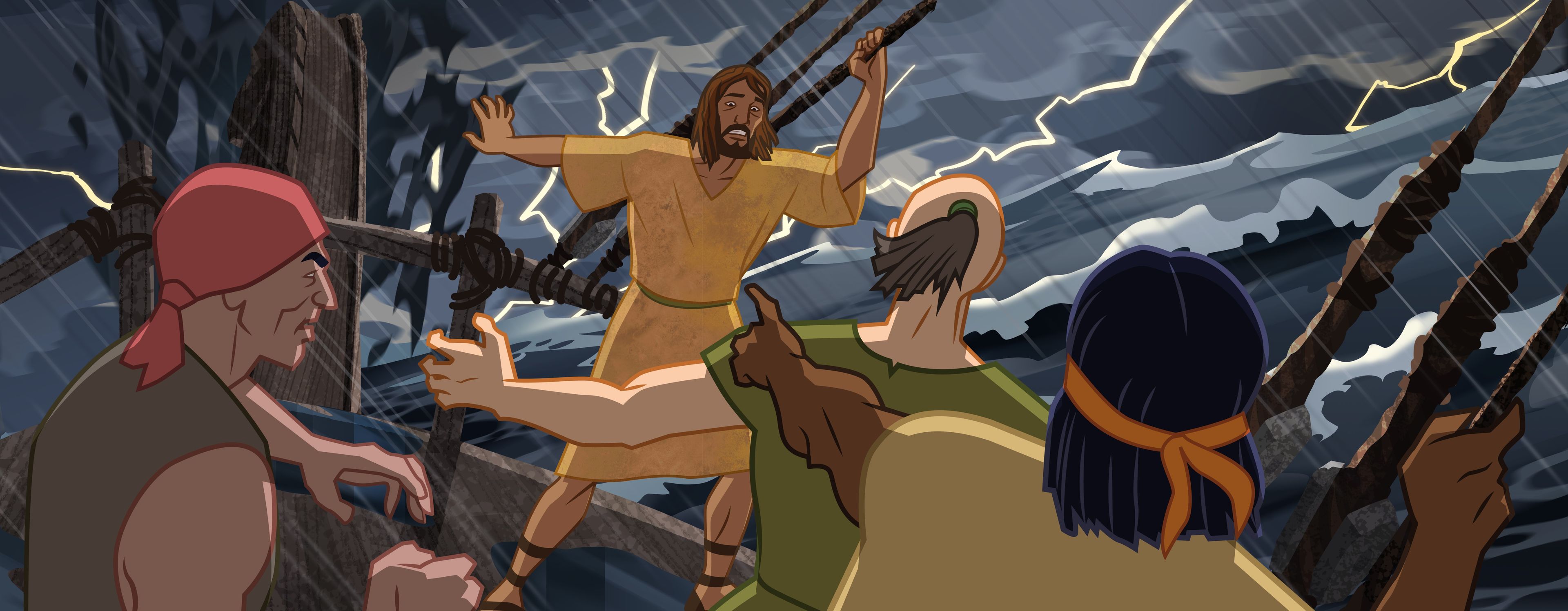 Illustration of Jonah talking to sailors. Jonah 1:12