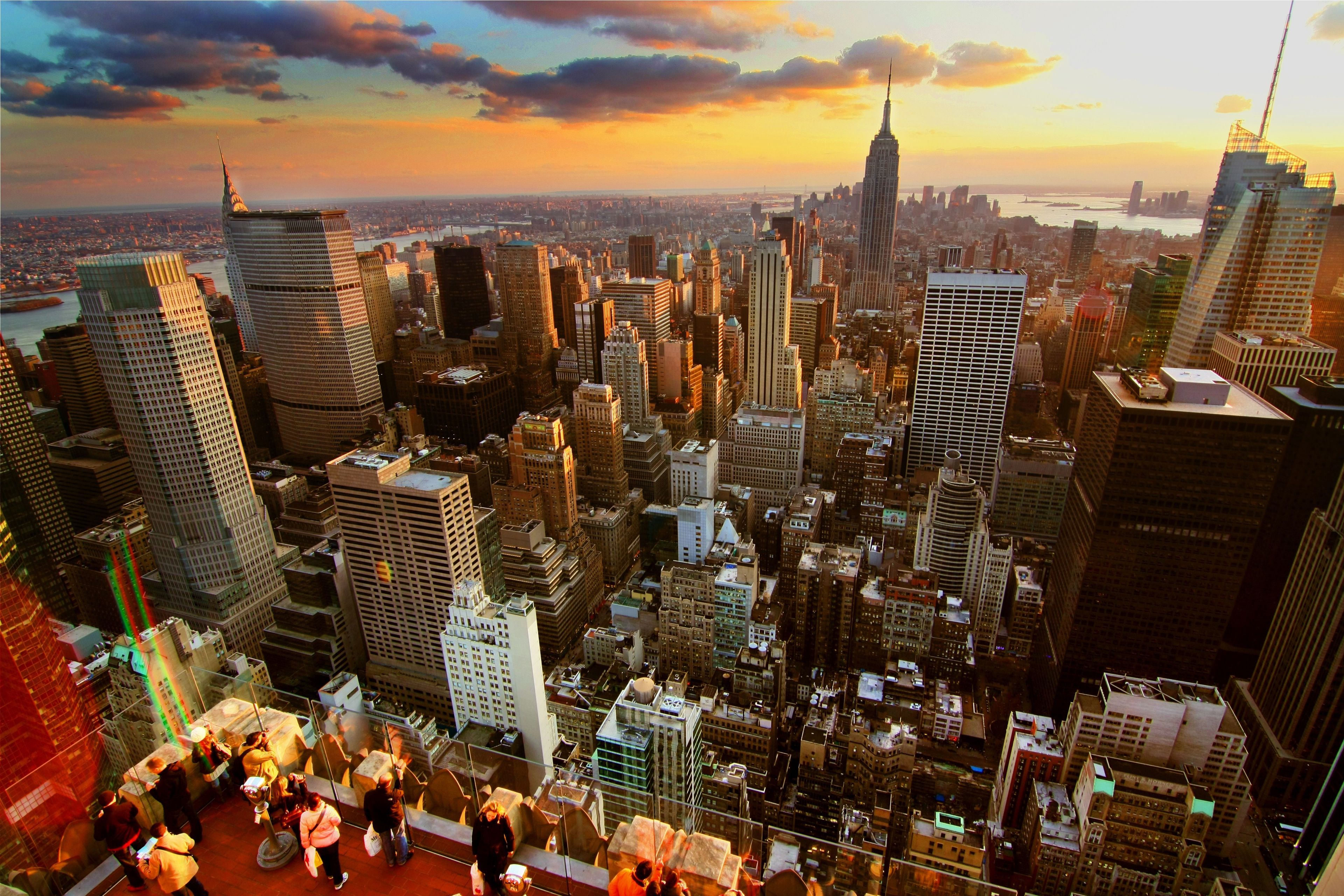 An aerial view of New York City at sunset.