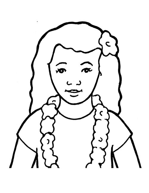 A black-and-white illustration of a young girl with long, curly hair and dark eyes wearing a simple T-shirt, a flower lei, and a flower in her hair.