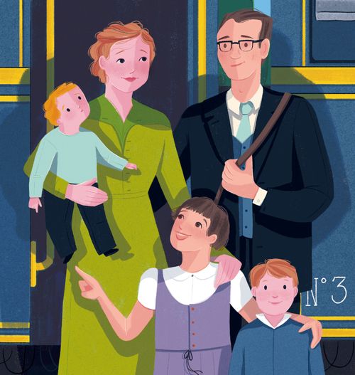 family standing by train