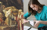 composite of Lehi loading the plates of Laban on a donkey and a modern-day girl reading the Book of Mormon