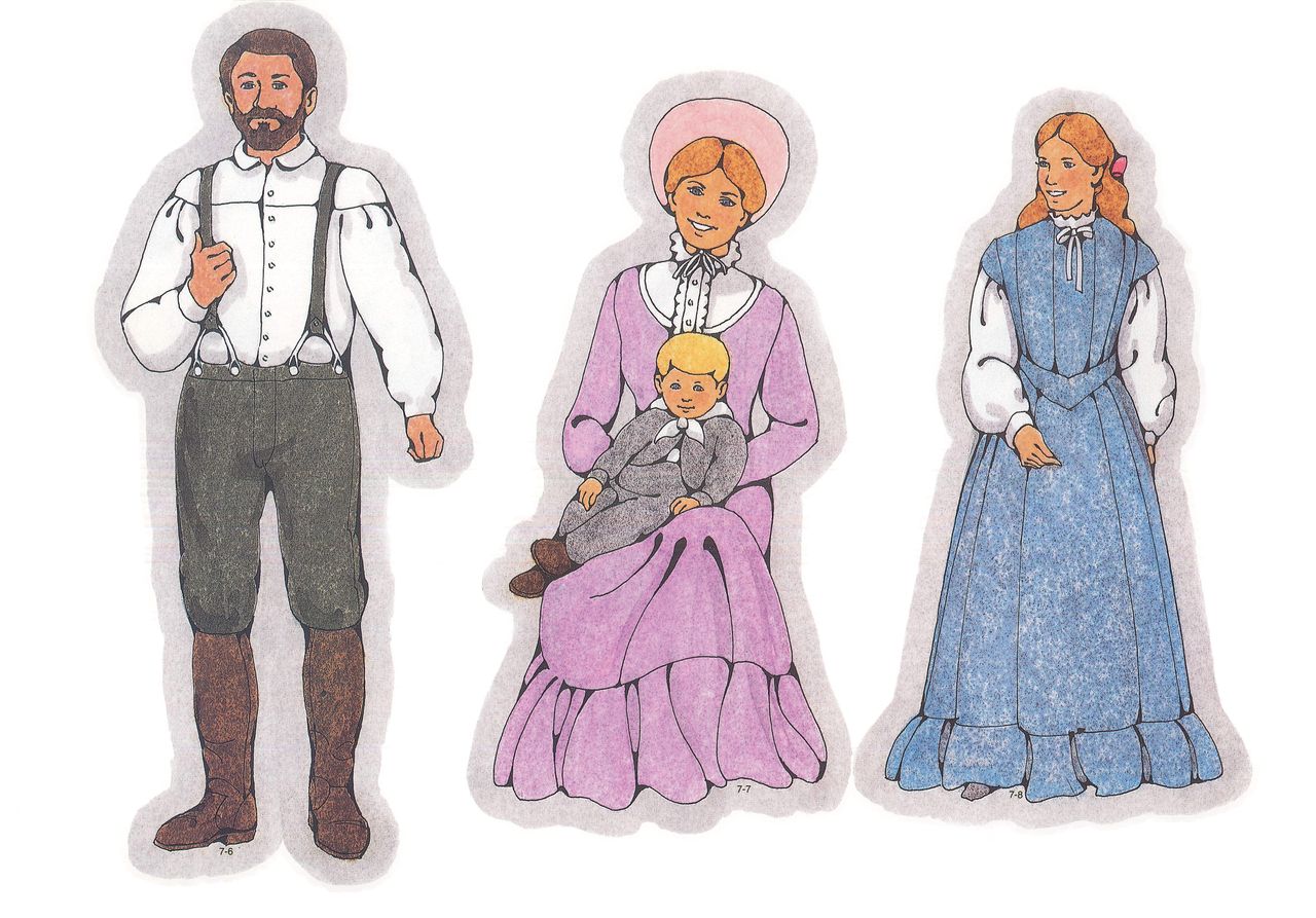 Primary Visual Aids: Cutouts 7-6, Pioneer Man; 7-7, Pioneer Woman with Small Boy on Lap; 7-8, Young Pioneer Woman.