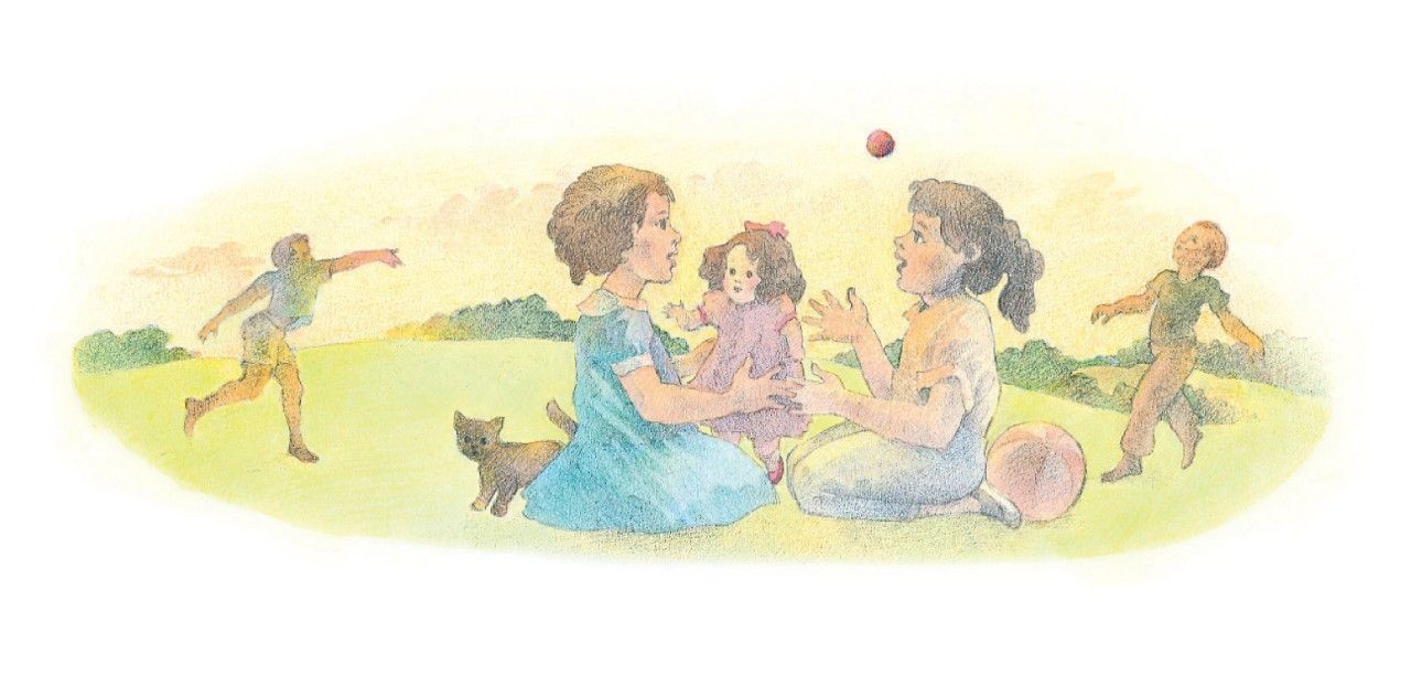 Two girls playing together outdoors with a doll. From the Children’s Songbook, page 262, “Friends Are Fun”; watercolor illustration by Richard Hull.