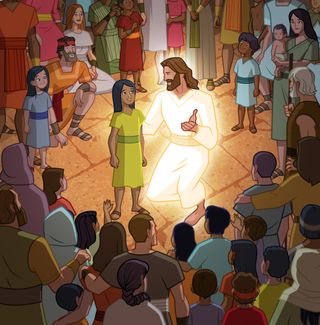 Jesus Christ talks to a child, and people gather around Jesus with their children