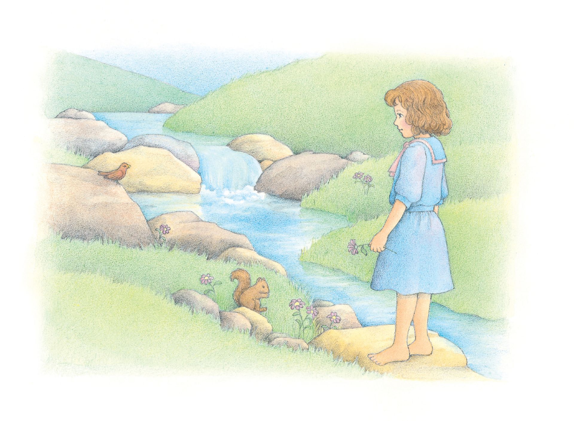 A girl holding a flower and standing on the bank of a stream. From the Children’s Songbook, page 151, “I Am Glad for Many Things”; watercolor illustration by Beth Whittaker.