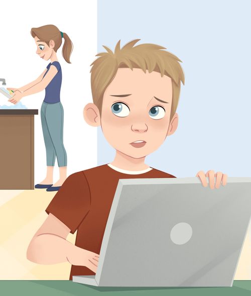 Boy with laptop glancing at his mom