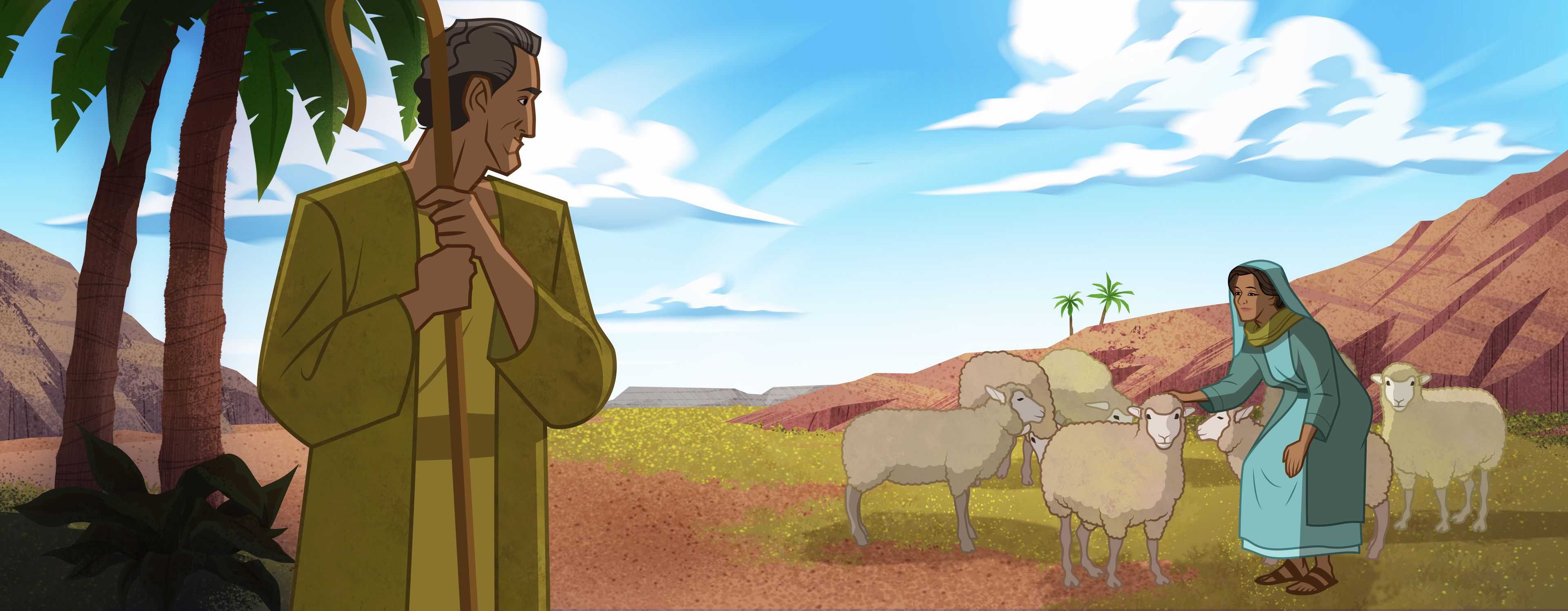 Ilustración de Abraham y Sara saliendo de Ur. 
Génesis 11:30–31; 15:1–6; 17:2–16; Abraham 2:6–9