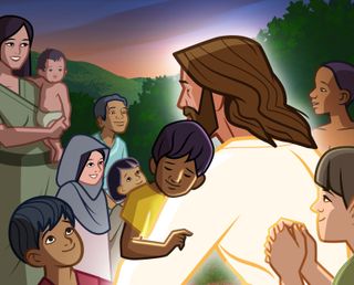 Jesus Christ hugs a child, and other children are nearby and smiling