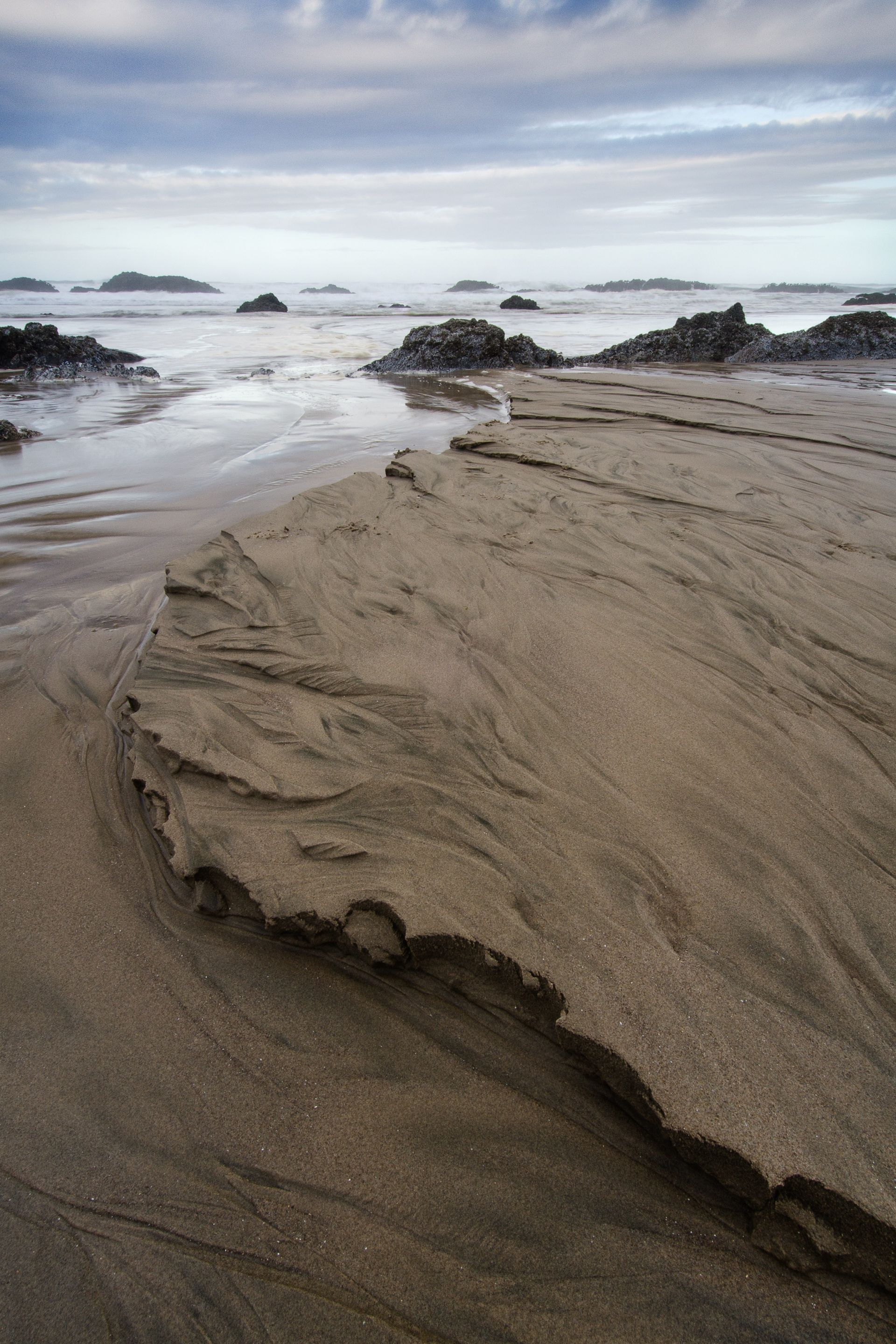 Sand, water, and rocks on the Oregon coast.
