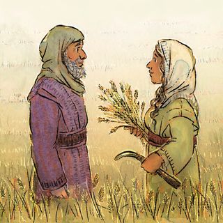 Illustrations of Ruth from the Old Testament speaking to Boaz in the field.