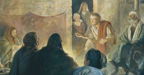 A group of New Testament era people gathered around a man. The people are listening to the man speak. The image illustrates the development of false beliefs and apostasy occuring in the early Christian church following the deaths of the original apostles of Jesus Christ.