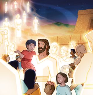 Jesus Christ talks to the children, and angels come down from the sky and gather around the children