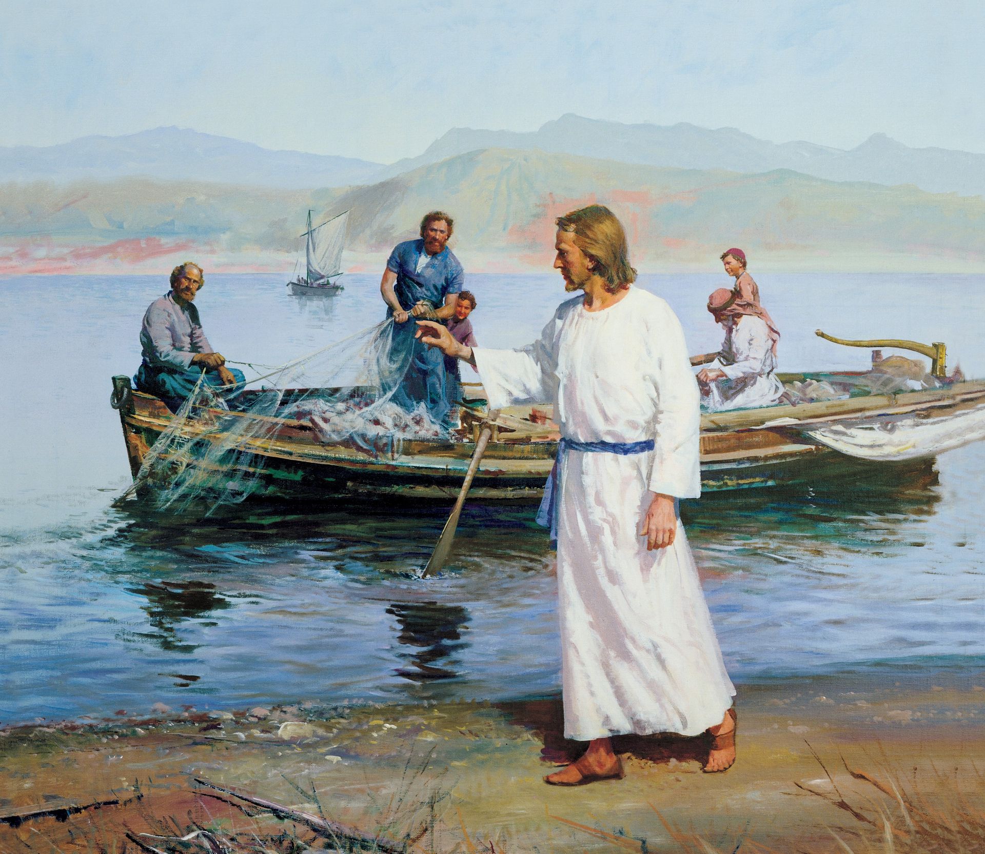 El llamamiento de los pescadores (Cristo llama a Pedro y Andrés), por Harry Anderson (62496); Las Bellas Artes del Evangelio 209; Libro de obras de arte del Evangelio 37; Manual de la Primaria 2-24; Manual de la Primaria 7-10; Mateo 4:18–22; Marcos 1:16–20.
