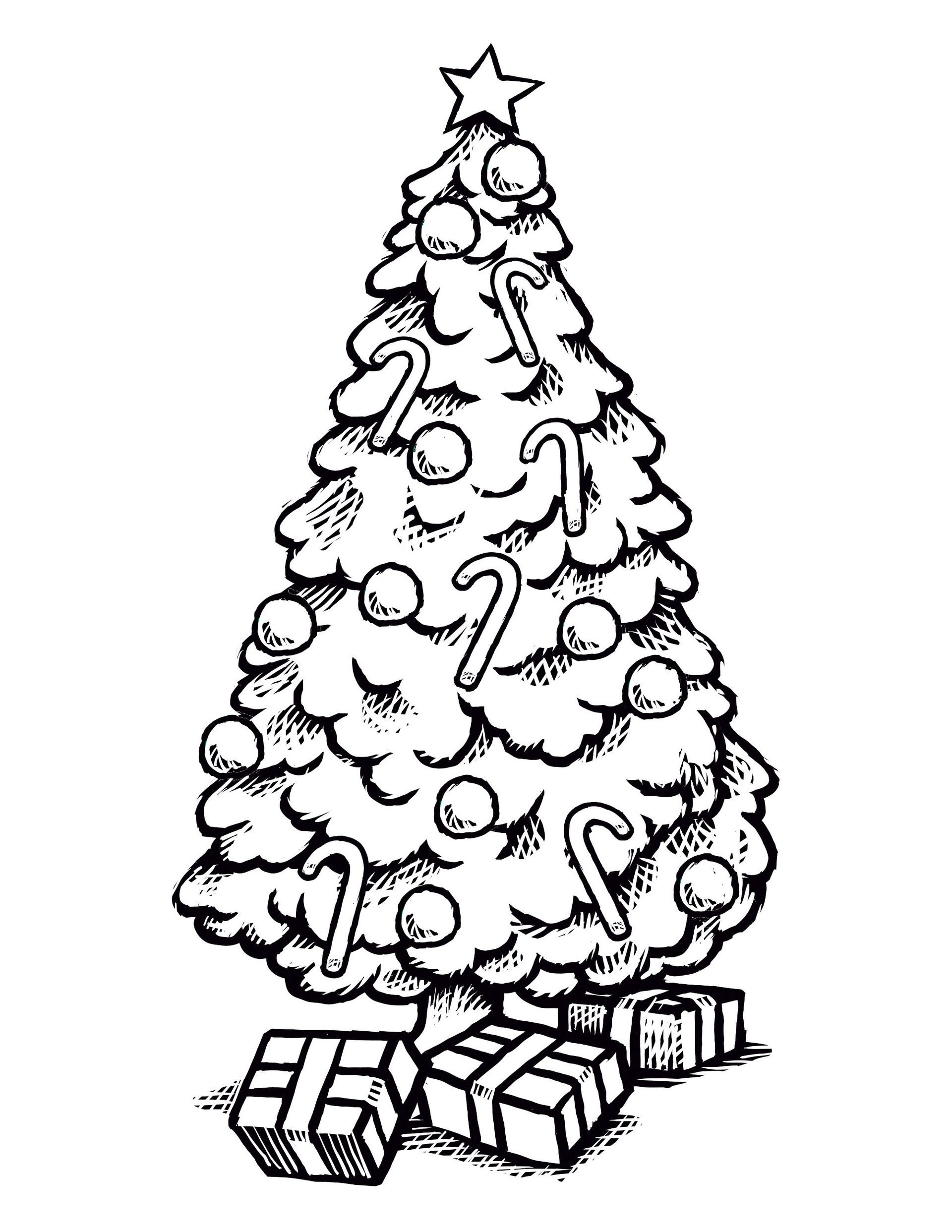 A coloring page of a Christmas tree and gifts.