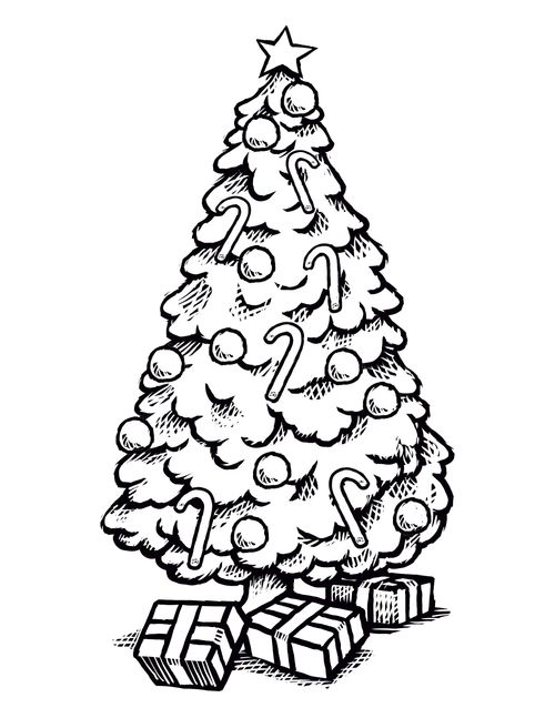 A black-and-white line drawing of a decorated Christmas tree with three wrapped gifts underneath it.