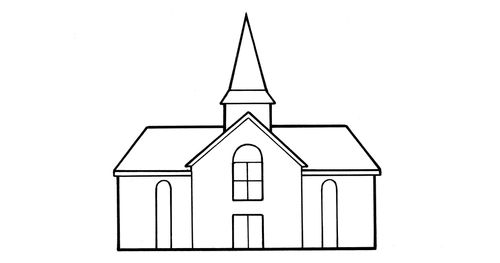 Line drawing of a meetinghouse.