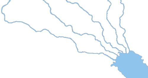 Drawing of rivers flowing into a lake.