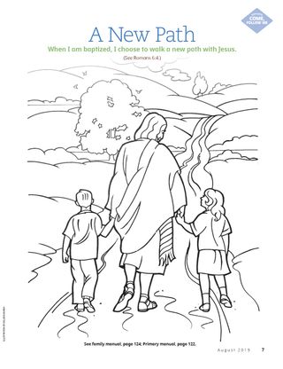 coloring page of Jesus walking on a path with children