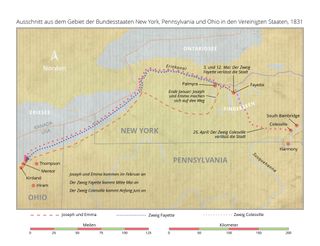 Karte: Ausschnitt aus dem Gebiet der Bundesstaaten New York, Pennsylvania und Ohio in den Vereinigten Staaten, 1831