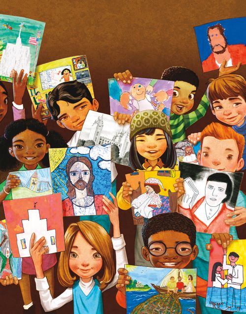An illustration of a group of children from around the world, holding up pictures they drew of Christ, temples, and other gospel-related subjects.